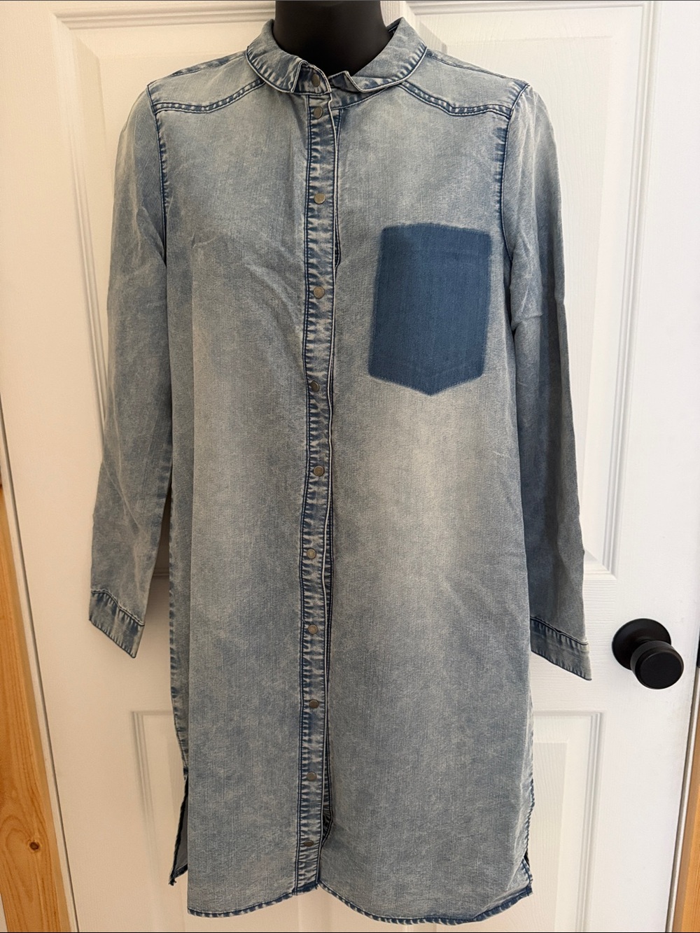 Light Wash Denim Shirt Dress with Contrast Chest Pocket